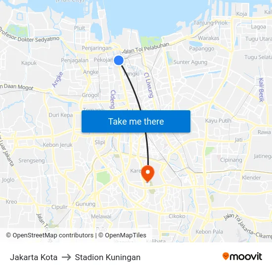 Jakarta Kota to Stadion Kuningan map