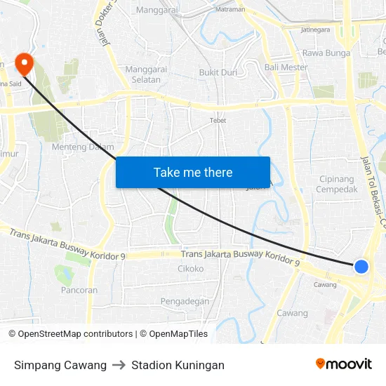 Simpang Cawang to Stadion Kuningan map