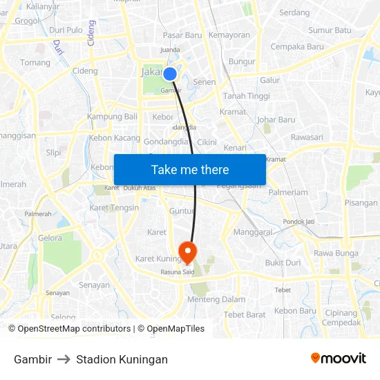 Gambir to Stadion Kuningan map