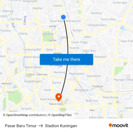 Pasar Baru Timur to Stadion Kuningan map