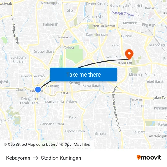 Kebayoran to Stadion Kuningan map