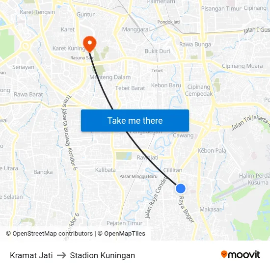 Kramat Jati to Stadion Kuningan map