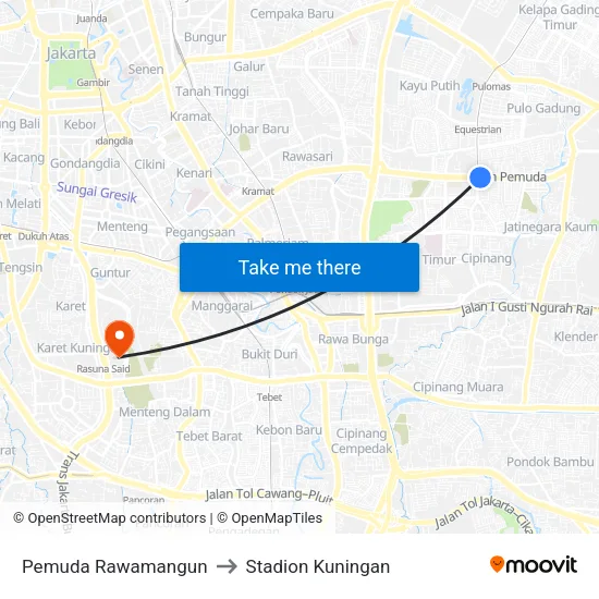 Pemuda Rawamangun to Stadion Kuningan map