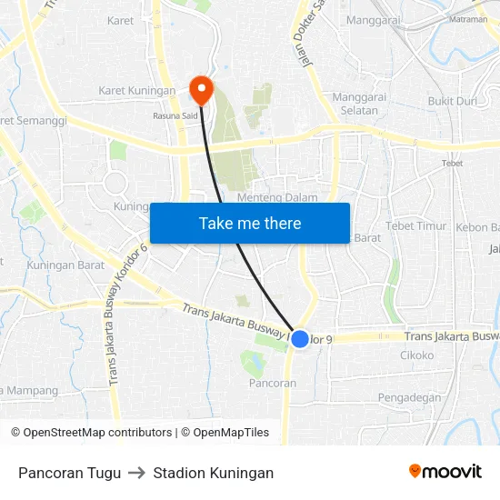 Pancoran Tugu to Stadion Kuningan map