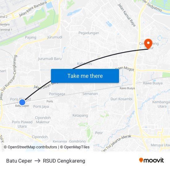 Batu Ceper to RSUD Cengkareng map