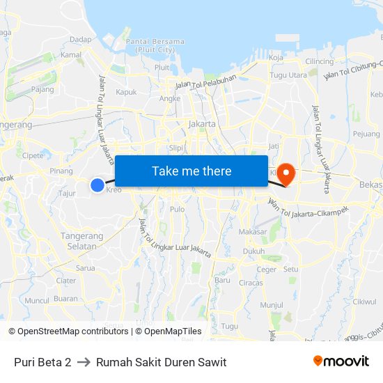 Puri Beta 2 to Rumah Sakit Duren Sawit map