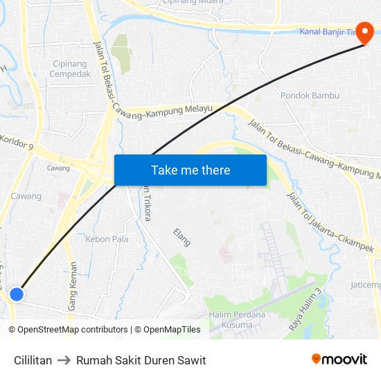 Cililitan to Rumah Sakit Duren Sawit map