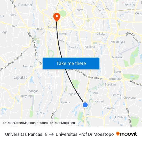 Universitas Pancasila to Universitas Prof Dr Moestopo map