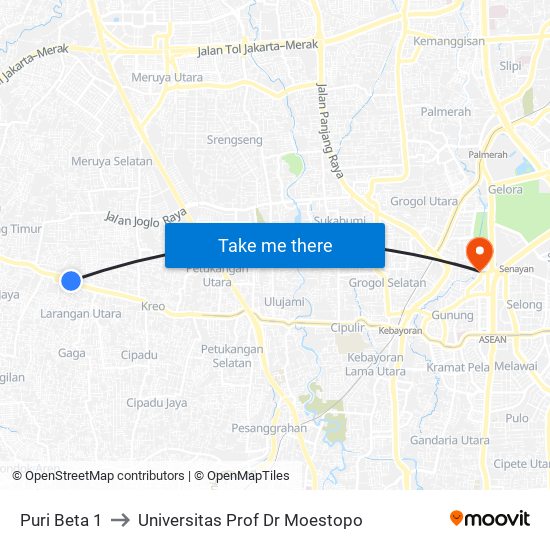 Puri Beta 1 to Universitas Prof Dr Moestopo map