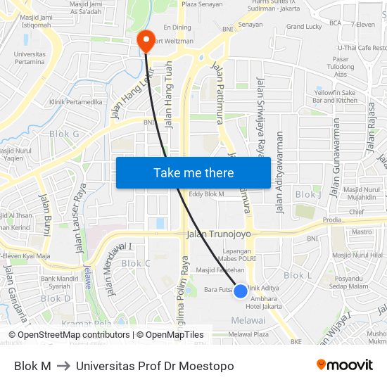 Blok M to Universitas Prof Dr Moestopo map