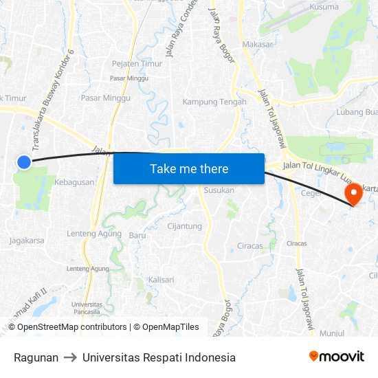 Ragunan to Universitas Respati Indonesia map