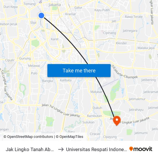 Jak Lingko Tanah Abang to Universitas Respati Indonesia map