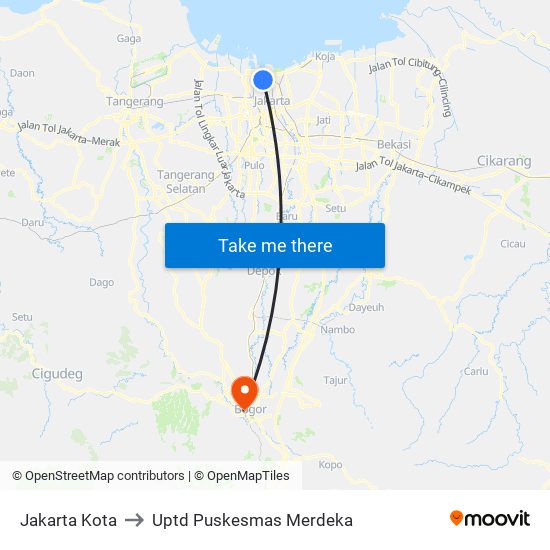 Jakarta Kota to Uptd Puskesmas Merdeka map