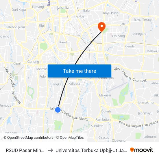 RSUD Pasar Minggu to Universitas Terbuka Upbjj-Ut Jakarta map