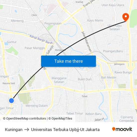 Kuningan to Universitas Terbuka Upbjj-Ut Jakarta map