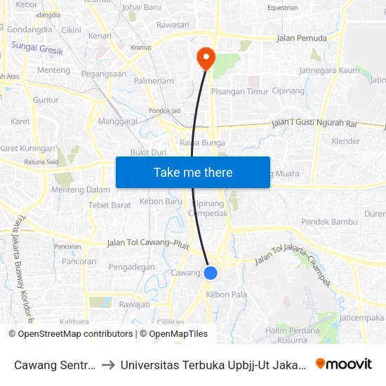 Cawang Sentral to Universitas Terbuka Upbjj-Ut Jakarta map