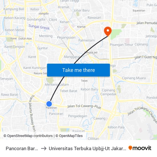 Pancoran Barat to Universitas Terbuka Upbjj-Ut Jakarta map