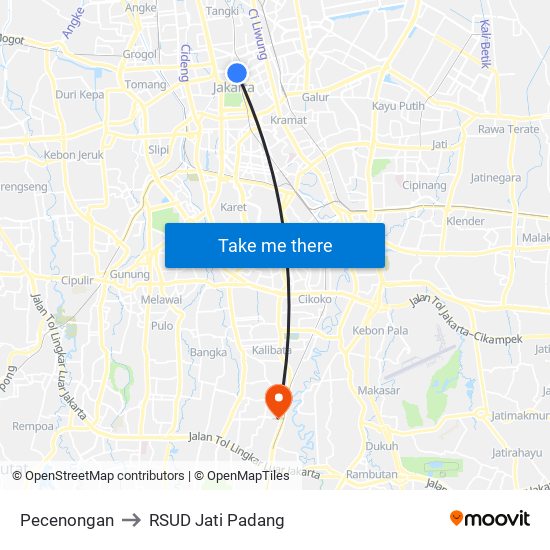 Pecenongan to RSUD Jati Padang map