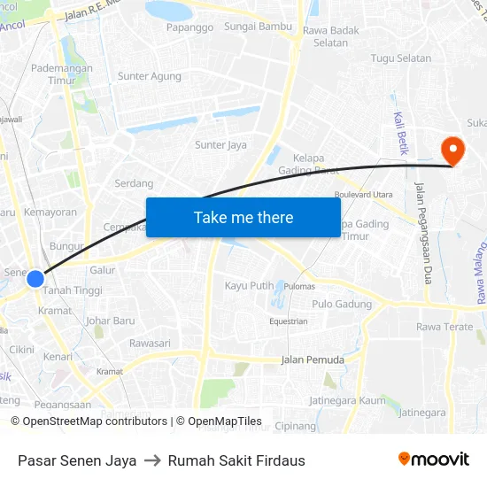 Pasar Senen Jaya to Rumah Sakit Firdaus map