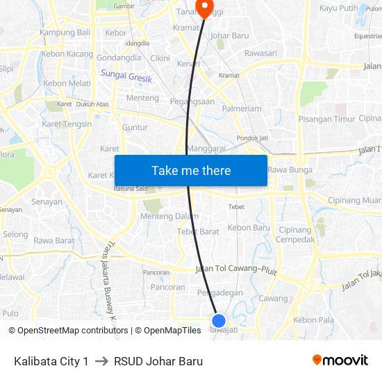 Kalibata City 1 to RSUD Johar Baru map