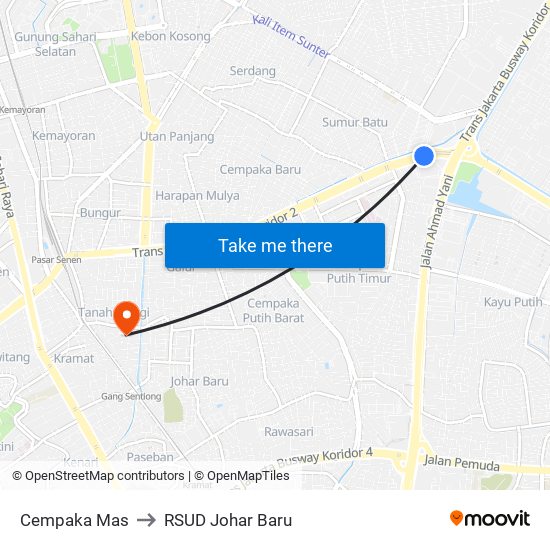 Cempaka Mas to RSUD Johar Baru map