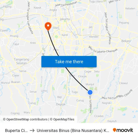 Buperta Cibubur to Universitas Binus (Bina Nusantara) Kampus Anggrek map