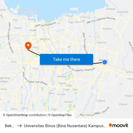 Bekasi to Universitas Binus (Bina Nusantara) Kampus Anggrek map