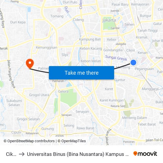 Cikini to Universitas Binus (Bina Nusantara) Kampus Anggrek map