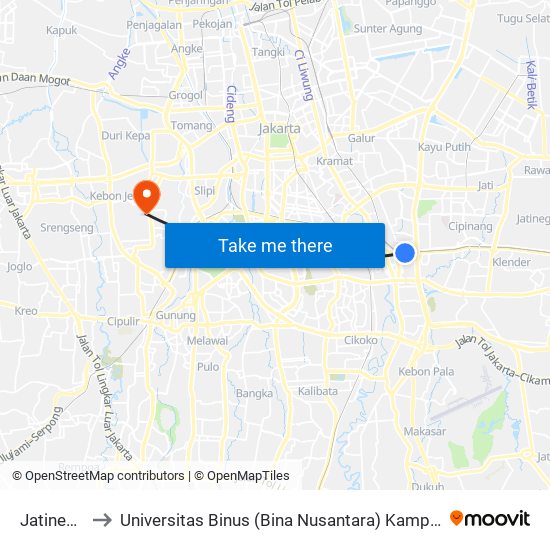 Jatinegara to Universitas Binus (Bina Nusantara) Kampus Anggrek map
