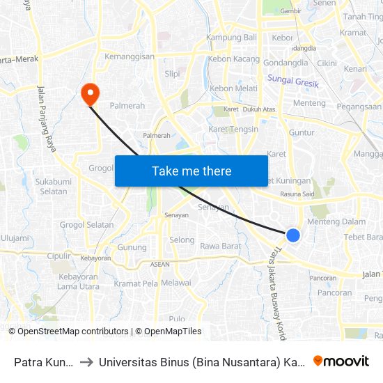 Patra Kuningan to Universitas Binus (Bina Nusantara) Kampus Anggrek map