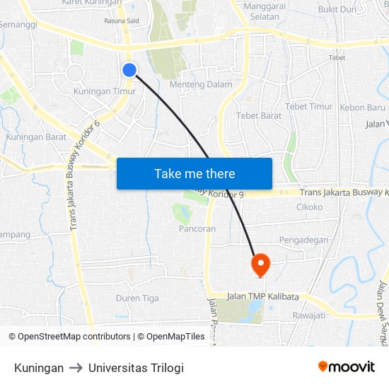 Kuningan to Universitas Trilogi map