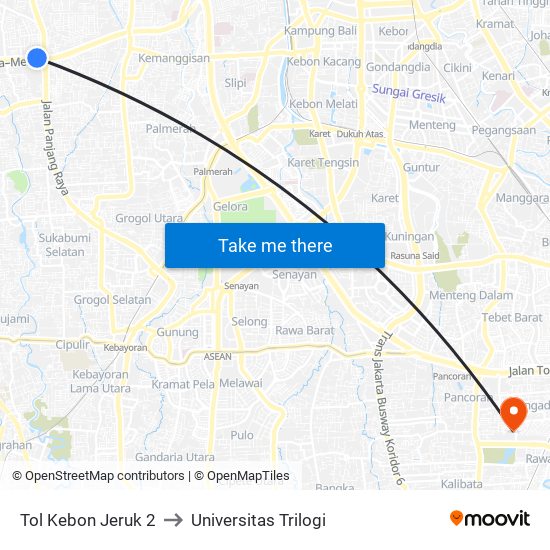 Tol Kebon Jeruk 2 to Universitas Trilogi map