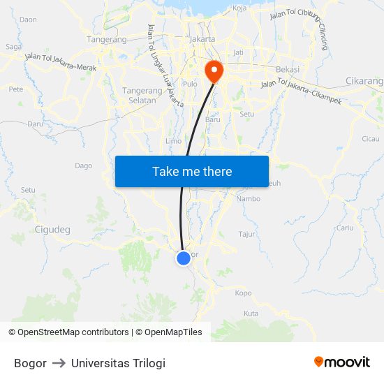 Bogor to Universitas Trilogi map