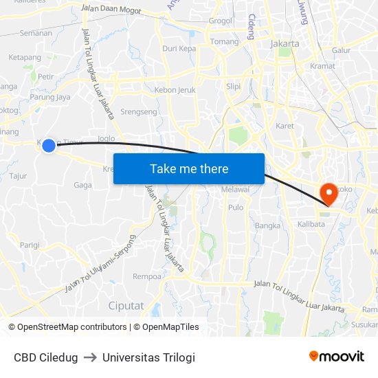 CBD Ciledug to Universitas Trilogi map