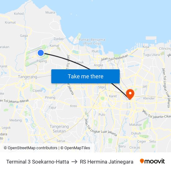 Terminal 3 Soekarno-Hatta to RS Hermina Jatinegara map