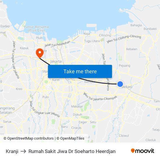 Kranji to Rumah Sakit Jiwa Dr Soeharto Heerdjan map