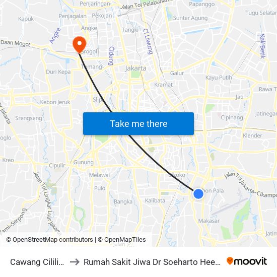 Cawang Cililitan to Rumah Sakit Jiwa Dr Soeharto Heerdjan map