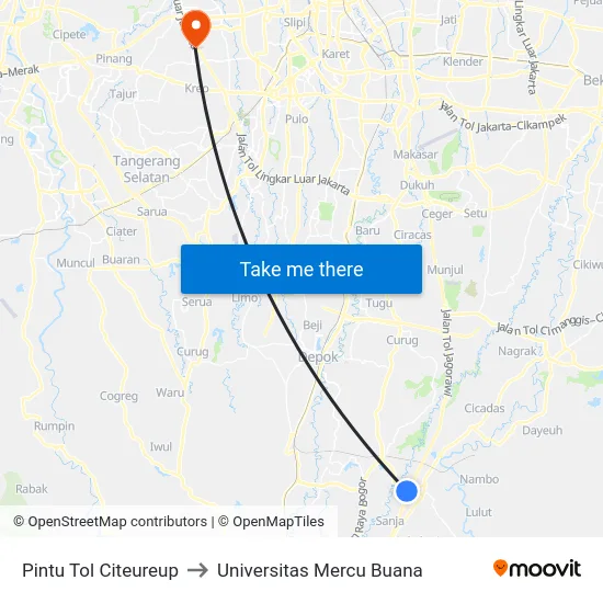 Pintu Tol Citeureup to Universitas Mercu Buana map