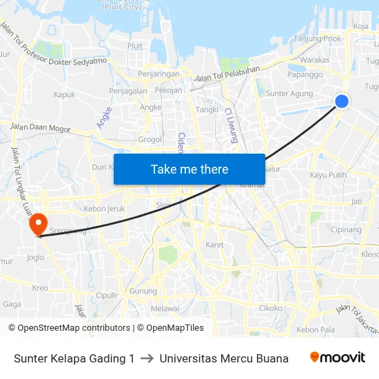 Sunter Kelapa Gading 1 to Universitas Mercu Buana map
