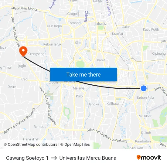 Cawang Soetoyo 1 to Universitas Mercu Buana map