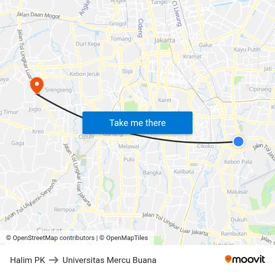 Halim PK to Universitas Mercu Buana map