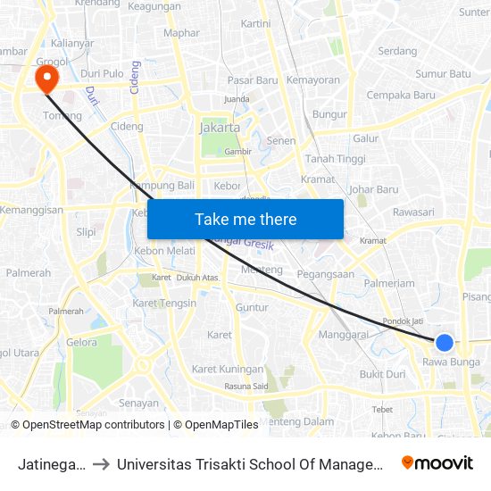 Jatinegara to Universitas Trisakti School Of Management map