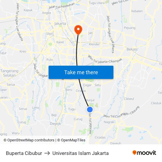 Buperta Cibubur to Universitas Islam Jakarta map