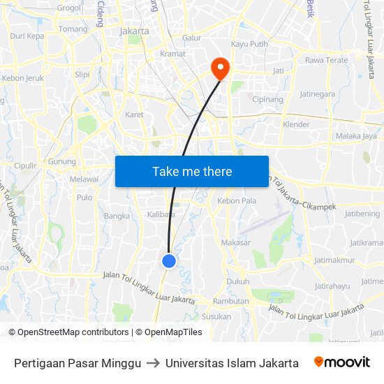 Pertigaan Pasar Minggu to Universitas Islam Jakarta map