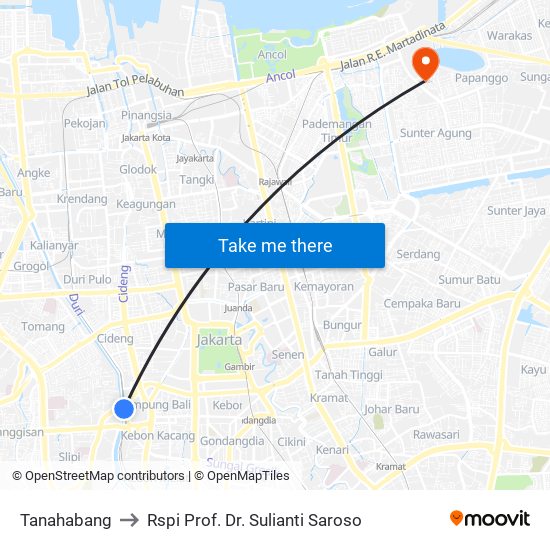 Tanahabang to Rspi Prof. Dr. Sulianti Saroso map