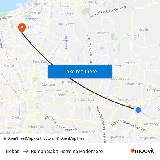 Bekasi to Rumah Sakit Hermina Podomoro map