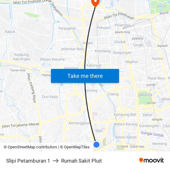 Slipi Petamburan 1 to Rumah Sakit Pluit map