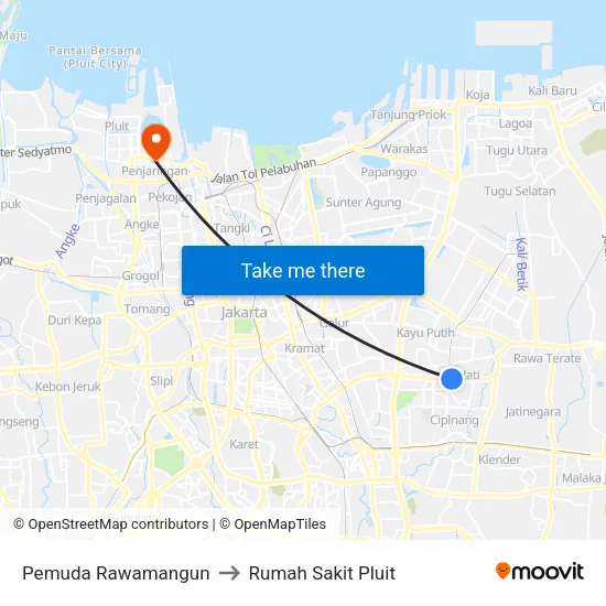 Pemuda Rawamangun to Rumah Sakit Pluit map