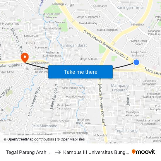 Tegal Parang Arah Timur to Kampus III Universitas Bung Karno map