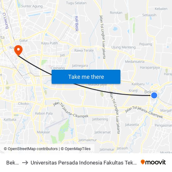 Bekasi to Universitas Persada Indonesia Fakultas Teknik Upi YAI map